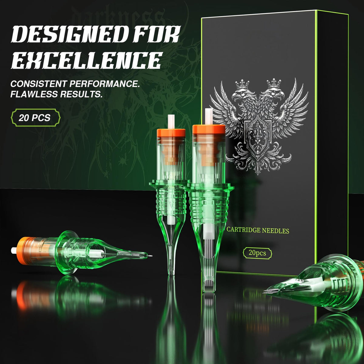 InkGearLab #12-0.35mm Universal Tattoo & PMU Cartridge Needles – Green (Box of 20)