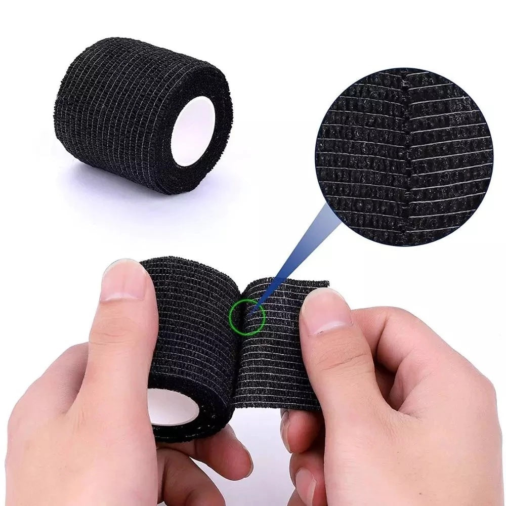 InkGearLab Black Tattoo Grip Tape Wrap – 5 Rolls, 2" × 5 Yards, Disposable Cohesive Grip Cover