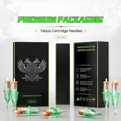 InkGearLab #12-0.35mm Universal Tattoo & PMU Cartridge Needles – Green (Box of 20)