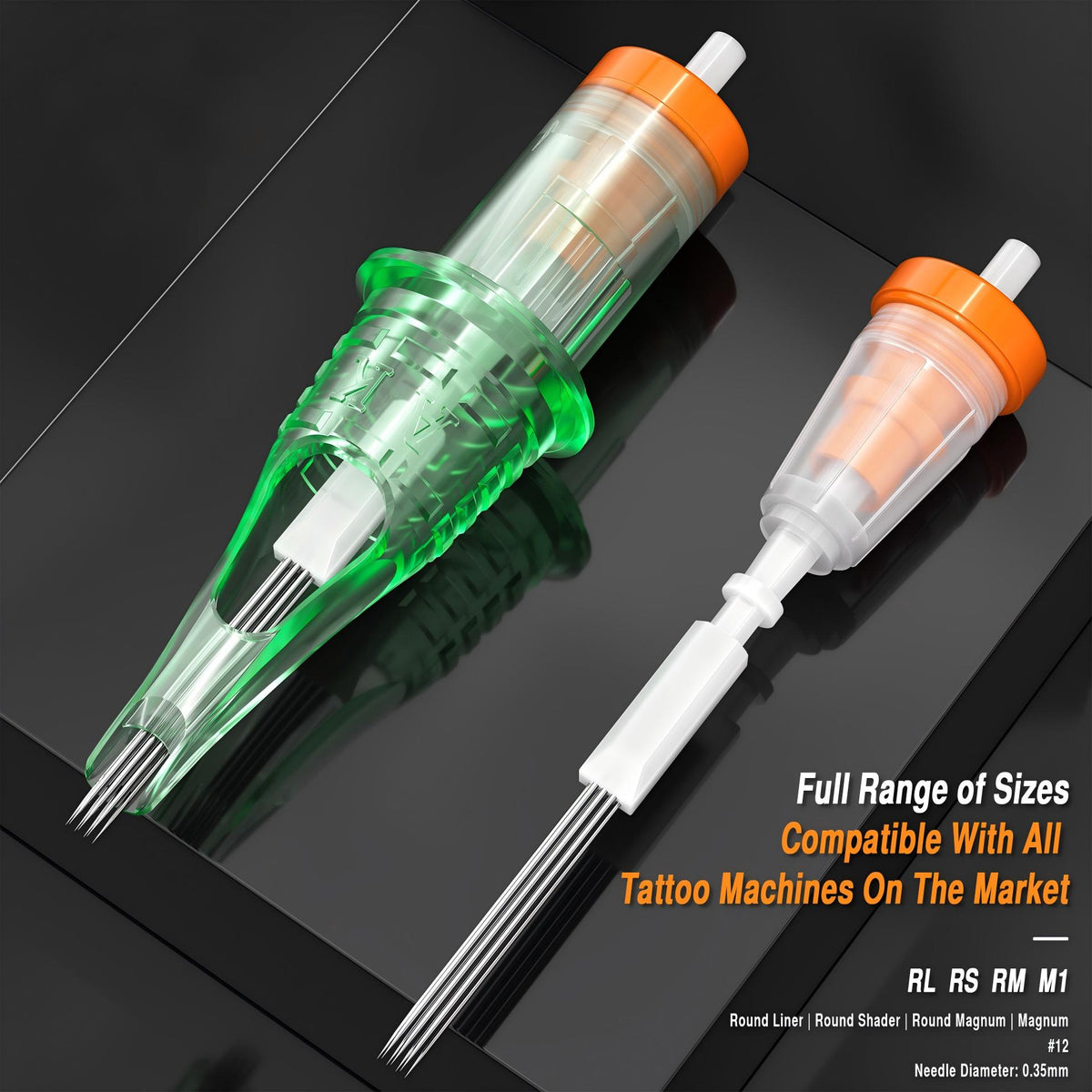 InkGearLab #12-0.35mm Universal Tattoo & PMU Cartridge Needles – Green (Box of 20)