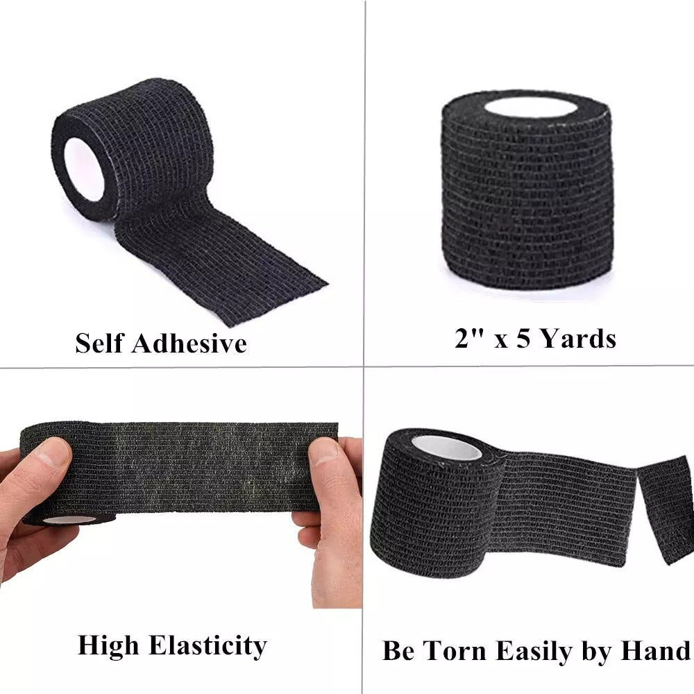 InkGearLab Black Tattoo Grip Tape Wrap – 5 Rolls, 2" × 5 Yards, Disposable Cohesive Grip Cover
