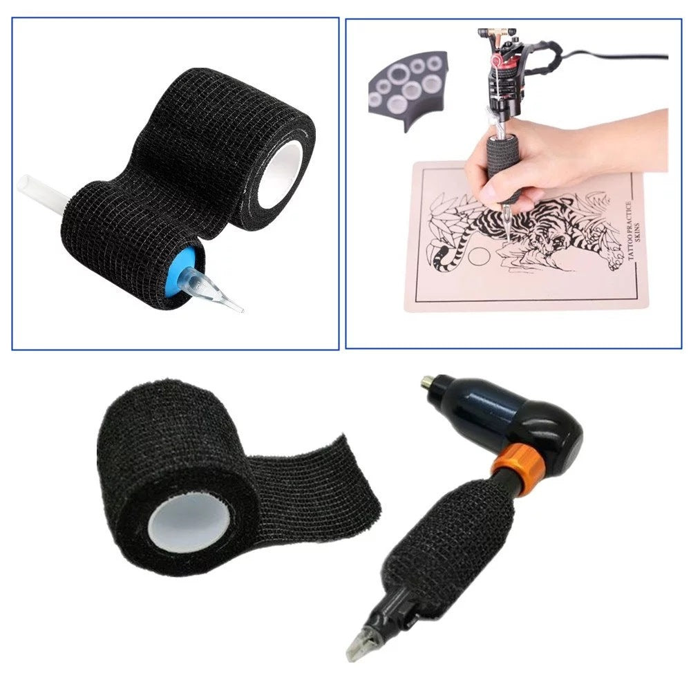 InkGearLab Black Tattoo Grip Tape Wrap – 5 Rolls, 2" × 5 Yards, Disposable Cohesive Grip Cover