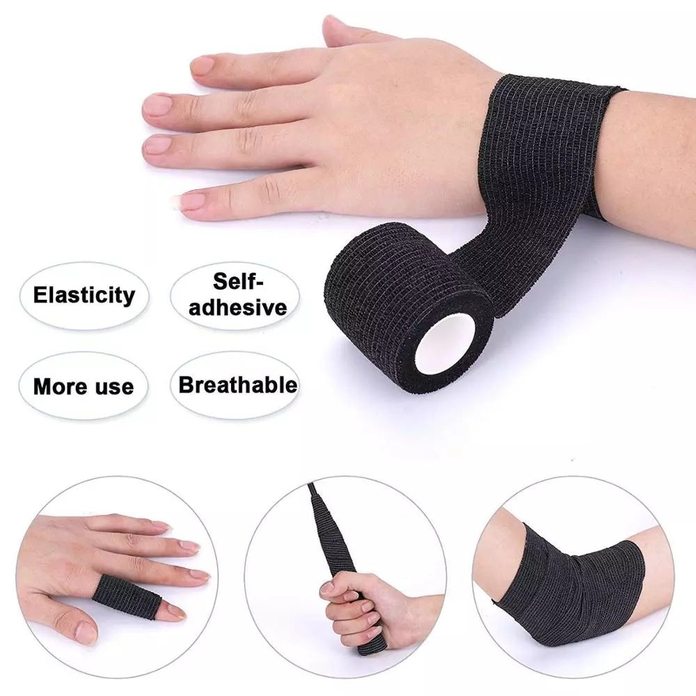 InkGearLab Black Tattoo Grip Tape Wrap – 5 Rolls, 2" × 5 Yards, Disposable Cohesive Grip Cover