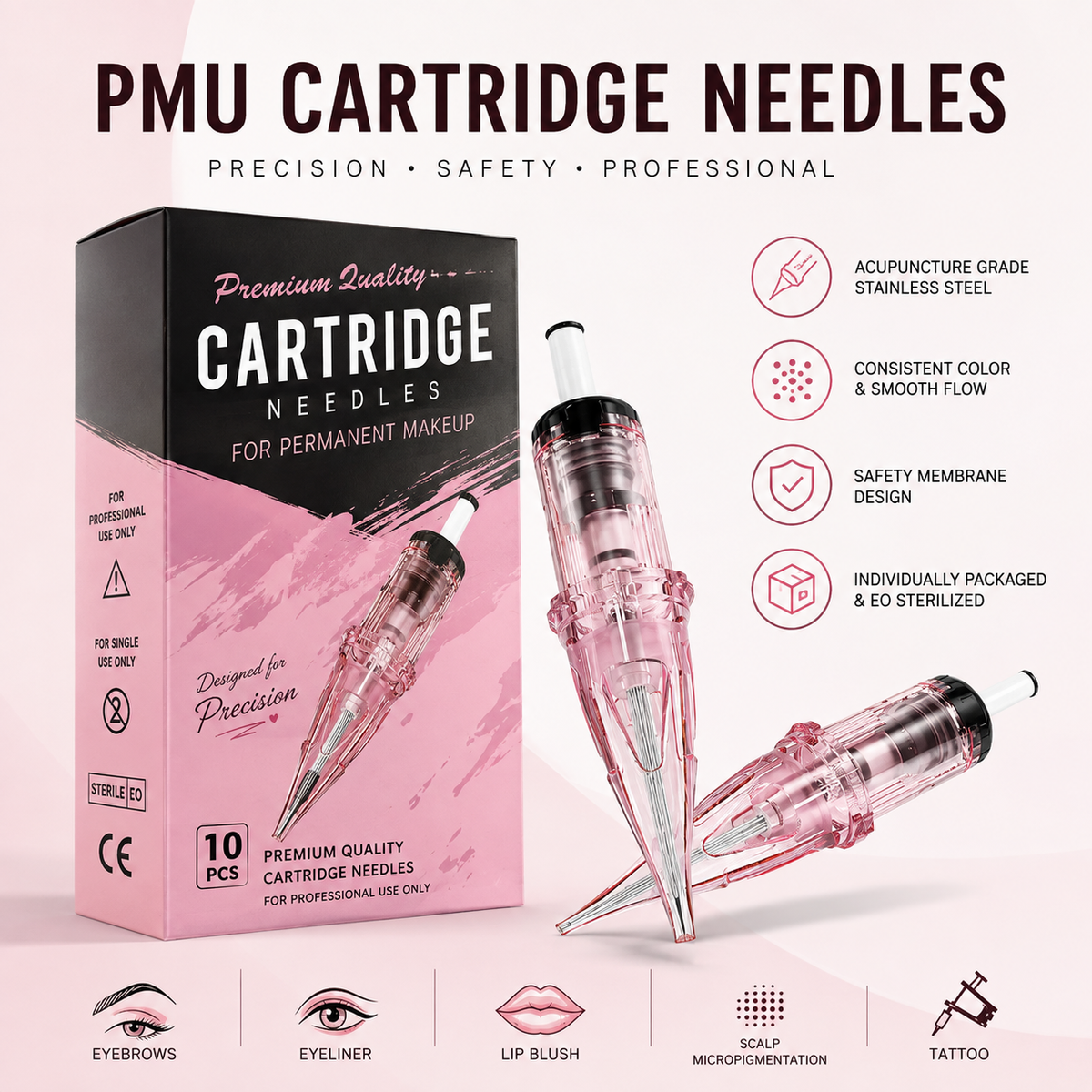 InkGearLab Universal Tattoo & PMU Cartridge Needles – Pink (Box of 10)